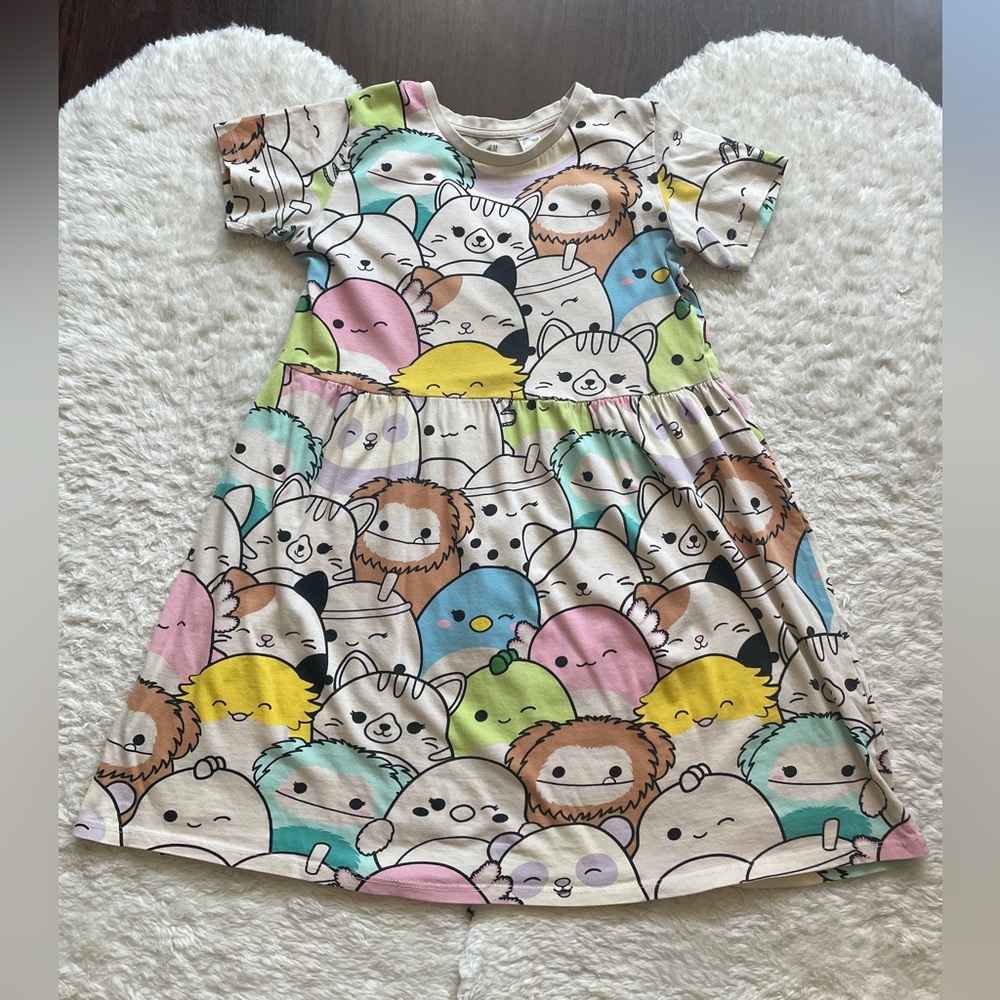 H&M Blue and Pink A-Line Puff Sleeve Dress